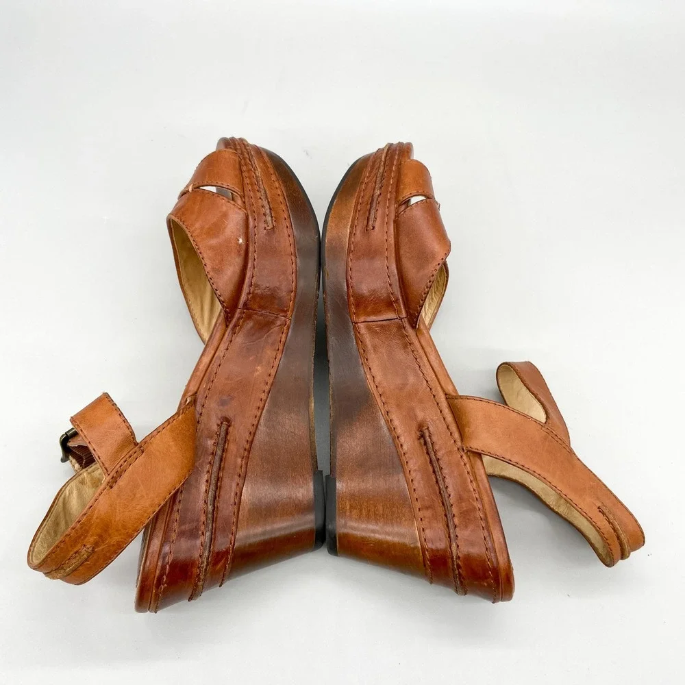 Frye Carlie Seam Brown Leather Wedge Platform Sandals Womens 8M Coastal Cowgirl